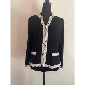 J.S.S knitwear jacket med black cream wool blend full zip elegant detail beads